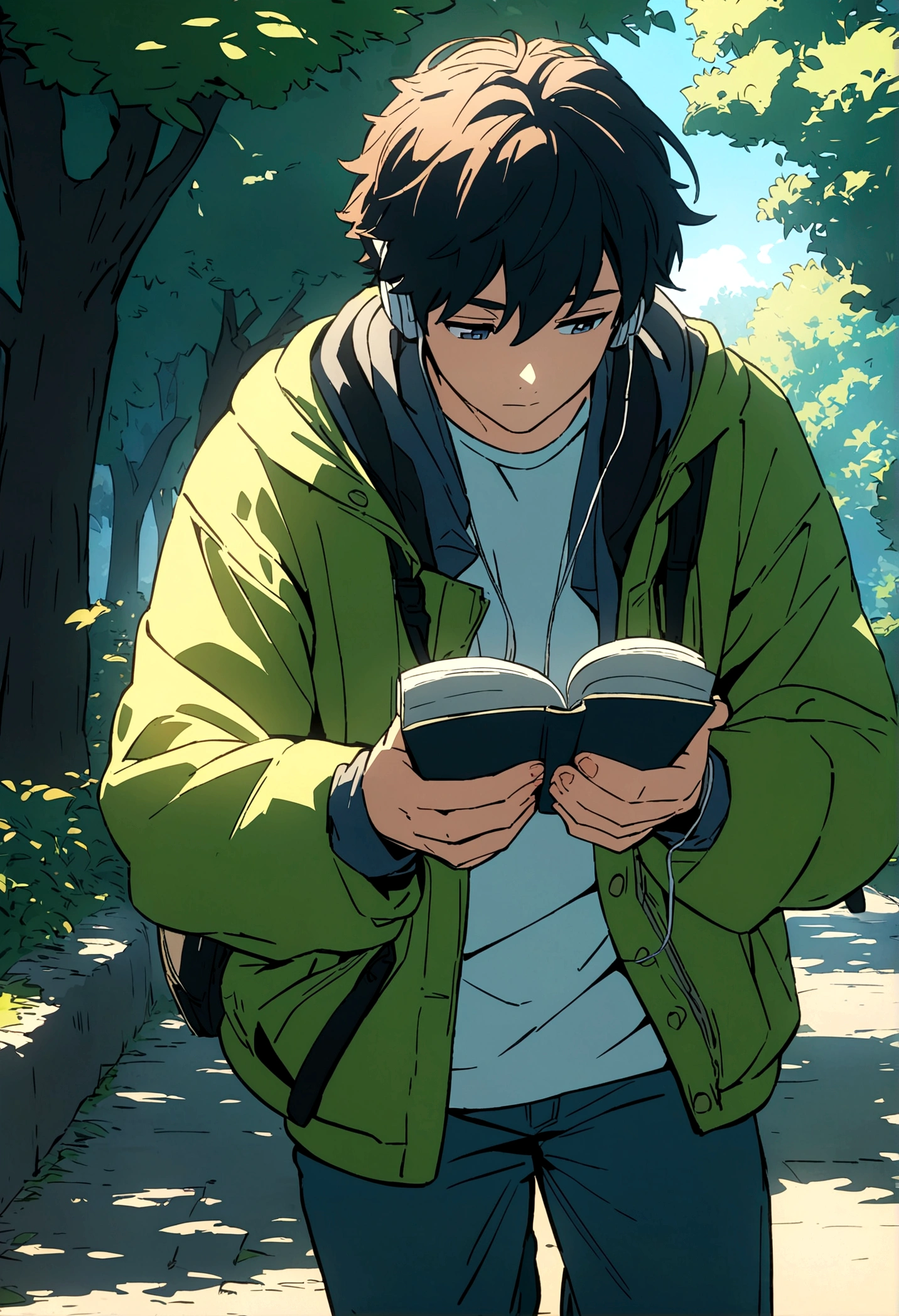 A young guy walking in a park, listening to music, with books in his hands, masterpiece, 8k ultrahd image, anime style.