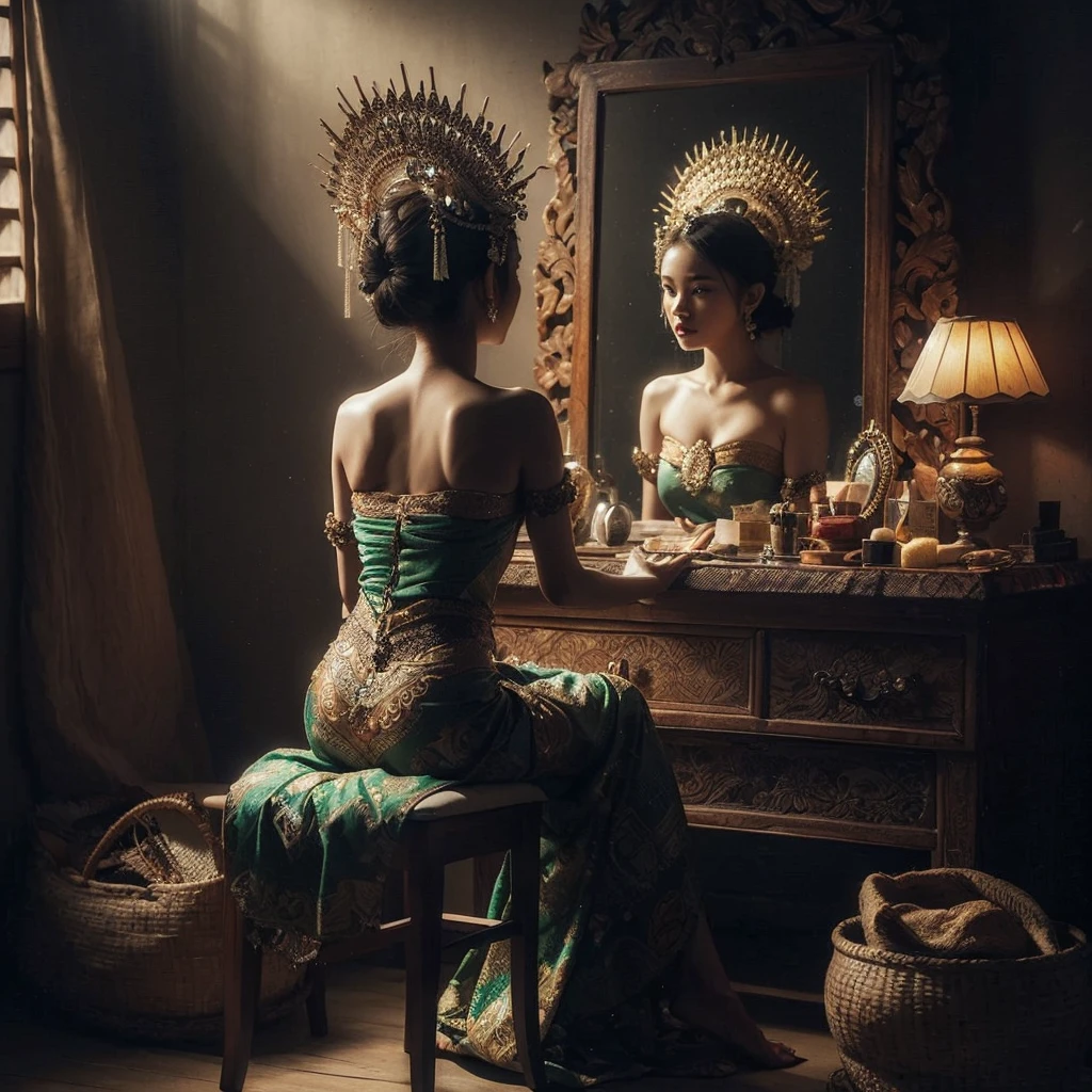 hyper realistic photography (((ultra detailed object))) shade backlight lighting treatment naturally, a girl wearing traditional bali`s pendet dancer clothes & batik sarong sit down looking at mirror ((there`s her reflection on mirror)) at her modest beauty desk (she is holding her traditional tiara) she is looking at the mirror preparing for her show performance, on her room at traditional indonesian home, show back of her body, dark dramatic mood, 1 source of light a tungsten lamp on the corner