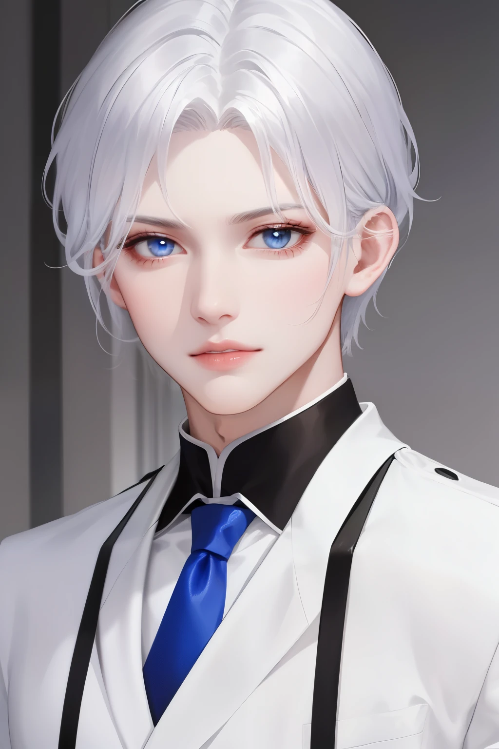 Boy, silver hair, blue eyes, serious sharp features, white skin, shiny lips, handsome, formal suit