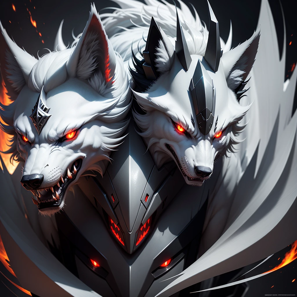 "Silver white wolf with burning red eyes, fierce expression, sleek fur, realistic texture, sharp features, glowing eyes, digital art, logo design, high detail, dramatic lighting"