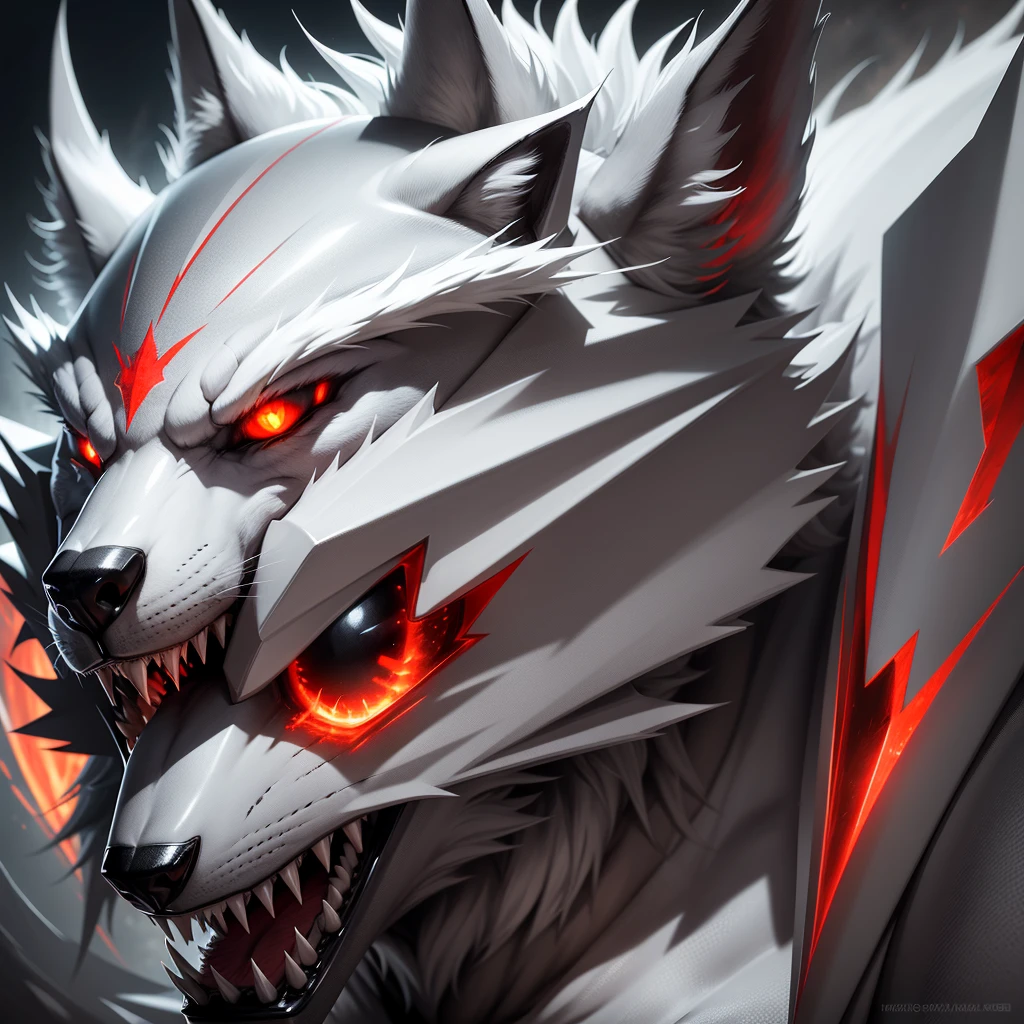 "Silver white wolf with burning red eyes, fierce expression, sleek fur, realistic texture, sharp features, glowing eyes, digital art, logo design, high detail, dramatic lighting"