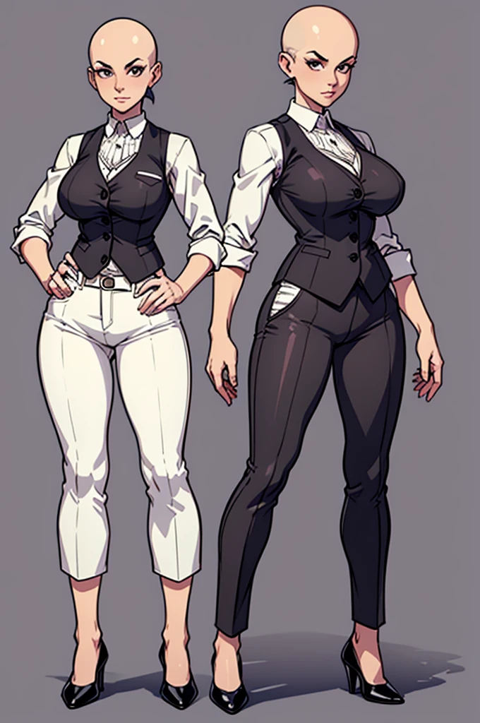 digital art, highly detailed, reference sheet, standing pose, feminine features, mature woman, adult female, whole body, bald, form-fitting, open neckline, vest, office shirt, pants, heeled shoes, 1woman, solo, upper body, lower body, ((Extremely Detailed)), ((Best Quality)), ((Masterpiece)), ((4k))