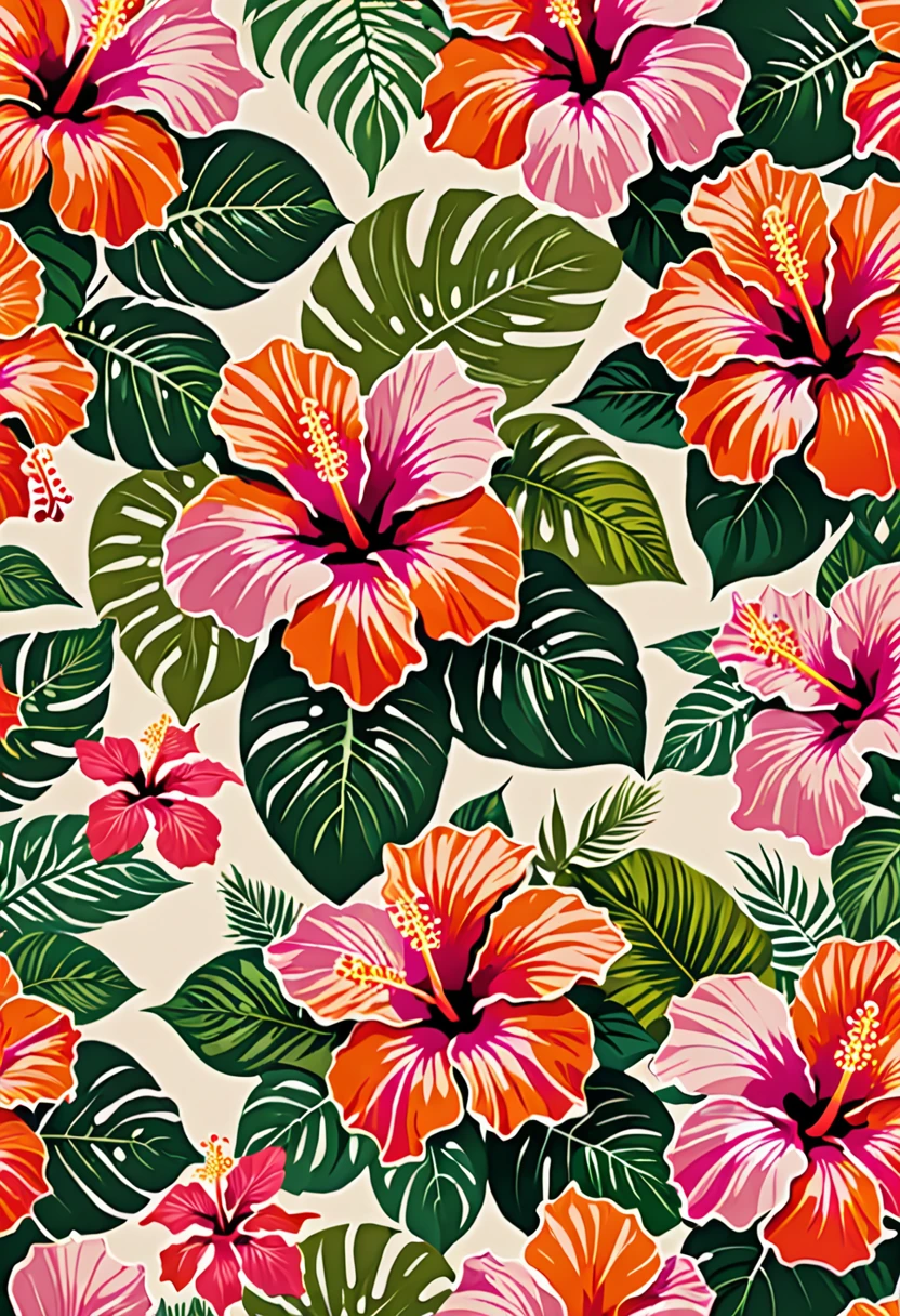 Tropical prints, hibiscus flowers in pink and orange tones with touches of green. The design features stylized hibiscus flowers in vibrant colors of pink and orange, with green accents that enhance their natural beauty. The flowers are artistically arranged on a neutral background, creating a lush and attractive pattern. The warm, bright tones of the flowers capture the vibrancy and joy of the tropics, while touches of green add freshness and contrast. This print is perfect for textiles and decorations looking to add a tropical and vibrant touch to any space.., Abstract expressionism, UHD, masterpiece, accurate, super detail, 16k
