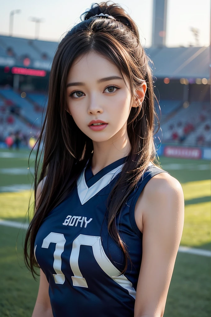 (8K、Top quality、masterpiece:1.2)、(realism、Photorealistic:1.37)、Extremely detailed、Top quality、Ultra-high resolution、Professional lighting、Photon Mapping、Radio City、Physically Based Rendering、light、play soccer、Depth of Field,Focus,Sunlight,Well structured,(Background blur:1.2),1 girl,(whole body),(shut your mouth),beautiful eyes,Obscene pose,Zoom out,Football Jersey,Dark brown hair,Beautiful straight hair,Ponytail(ulzzang-6500:1.2) Mix 4, High body、Sweaty beauty、Full breasts、Beautiful woman in Football Jersey、Sexy and hot、Realistic photos、football field、Exquisite facial details、Beautiful and perfect、Muscle Beauty