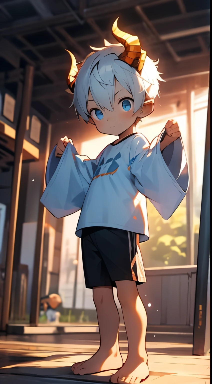 （shota，white color hair，toddlers，blue eyes，Libido boy，male）Dragon horns on people，adolable， standing on your feet， Master masterpieces， A high resolution，8K，detailedbackground，high high quality，solo，shorter pants，grassy fields，white blossoms，falling leaf，​​clouds，setting sun，Shy，wide wide shot