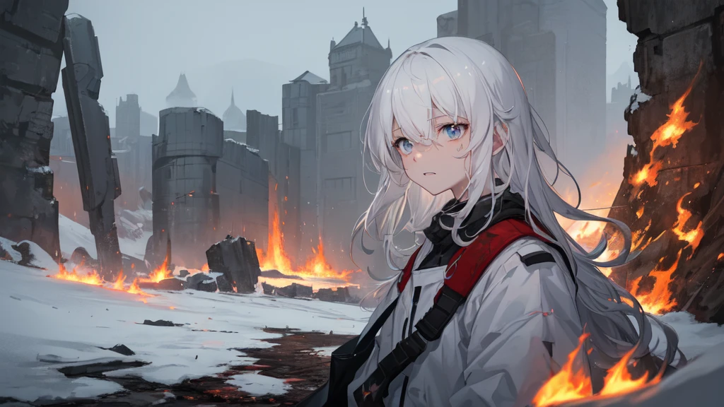 masterpiece:1.2), best quality , 独奏 ,pixiv, anime girl ,long straight white hair , black eyes ,Wearing off-white camouflage uniform ,,military fortress,(Eyes looking into the distance:1.3),(look away:1.5),snowy weather,dirty face,The background is a city in flames with blood on the forehead,dirty face,Backlight,Bare rocky peaks ,Fierce flames are burning,The expression is sad,Grit your teeth,