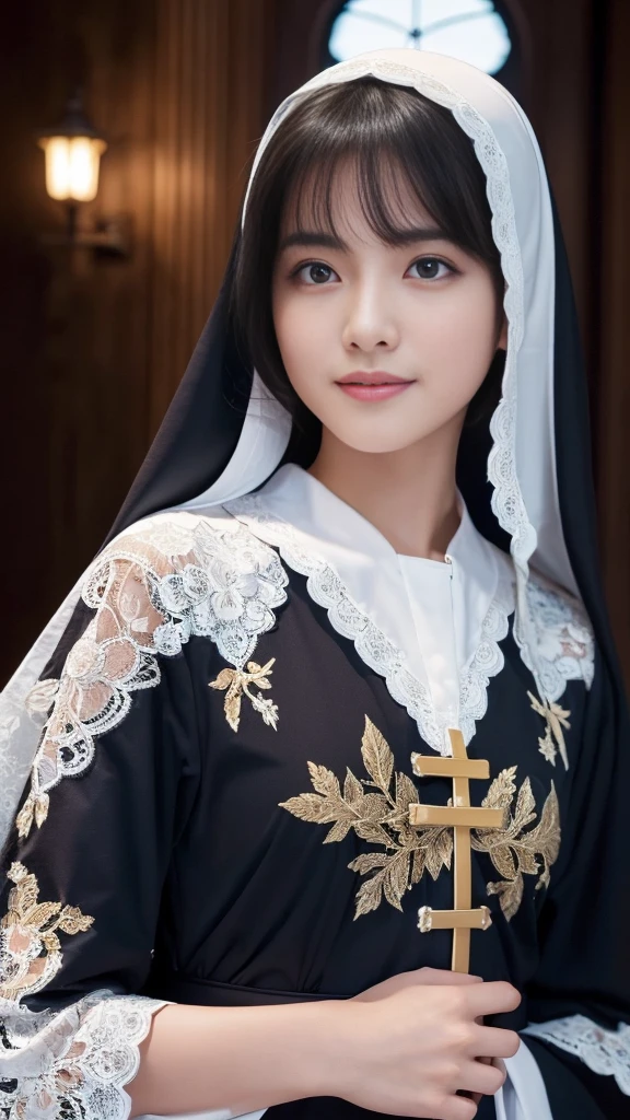 (masturbation:2.0),(A Ultra cute young Japanese nun:2.0),(she wearing a decorated with lace nun costume and scart slim fit:2.0),(beautiful detailed dropped eyes:2.0),beautiful detailed lips, (extremely detailed cute and beautiful face:2.0), longeyelashes, (slender woman body:1.5), (beautiful short hair:2.0), (natural makeup,big smile:1.5), incredibly beautiful skin,(professional lighting, bright lighting, photorealistic, 8k, high resolution, best quality, masterpiece, ultra-detailed:1.75), vivid colors, (Moonlit Night:1.5),(The moonlight shines on her face:1.2),(She is in the convent:1.2)