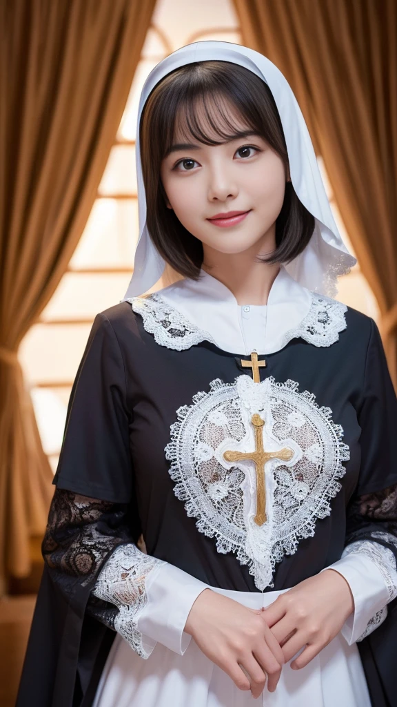 (masturbation:2.0),(A Ultra cute young Japanese nun:2.0),(she wearing a decorated with lace nun costume and scart slim fit:2.0),(beautiful detailed dropped eyes:2.0),beautiful detailed lips, (extremely detailed cute and beautiful face:2.0), longeyelashes, (slender woman body:1.5), (beautiful short hair:2.0), (natural makeup,big smile:1.5), incredibly beautiful skin,(professional lighting, bright lighting, photorealistic, 8k, high resolution, best quality, masterpiece, ultra-detailed:1.75), vivid colors, (Moonlit Night:1.5),(The moonlight shines on her face:1.2),(She is in the convent:1.2)