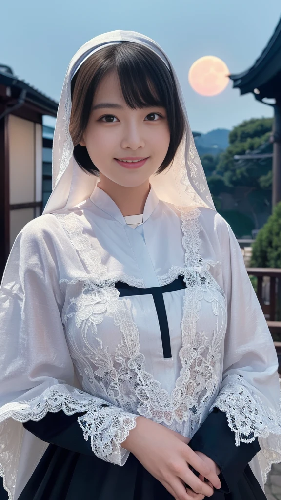 (:2.0),(Orgasm:2.0),ra cute young Japanese nun:2.0),(she wearing a decorated with lace nun costume and scart slim fit:2.0),(beautiful detailed dropped eyes:2.0),beautiful detailed lips, (extremely detailed cute and beautiful face:2.0), longeyelashes, (slender woman body:1.5), (beautiful short hair:2.0), (natural makeup,big smile:1.5), incredibly beautiful skin,(professional lighting, bright lighting, photorealistic, 8k, high resolution, best quality, masterpiece, ultra-detailed:1.75), vivid colors, (Moonlit Night:1.5),(The moonlight shines on her face:1.2),(She is in the convent:1.2)