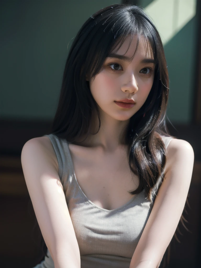 1girl, woman, masterpiece, best quality, highest quality, cinematic lighting, (volumetric lighting), extremely detailed CG unity 8k wallpaper, focused, 8k wallpaper, extremely detailed, ultra realistic, photorealistic, sharp focus, absurdres, (HDR:1.2), (high contrast), photograph, detailed and intricate, instagram, portrait, highly detailed, digital painting, artstation, concept art, smooth, sharp focus, illustration, cinematic lighting, (big breast:1.2), (whole body:1.2), white tanktop, slim body