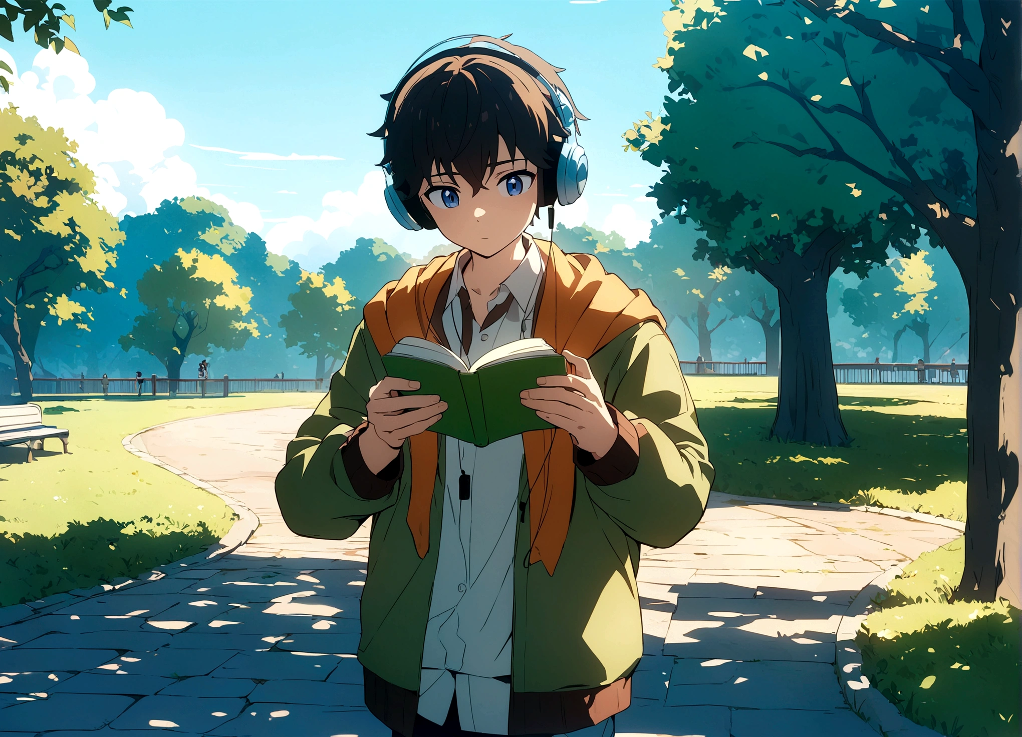 A young guy walking in a park, listening to music, with books in his hands, masterpiece, 8k ultrahd image, anime style.