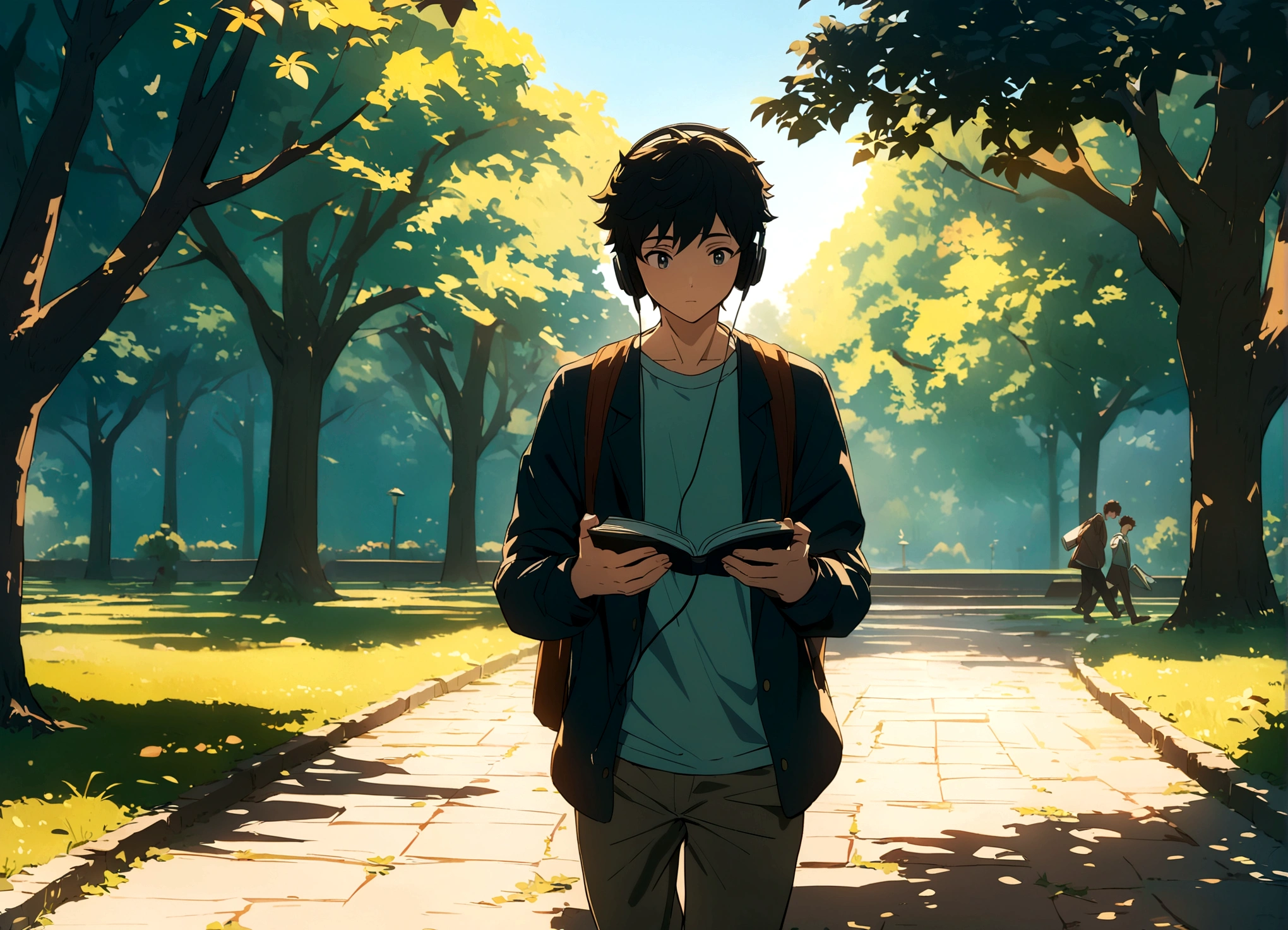 A young guy walking in a park, listening to music, with books in his hands, masterpiece, 8k ultrahd image, anime style.