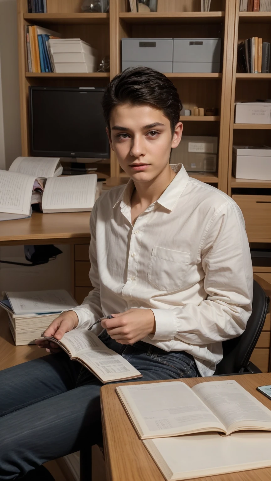 A beautiful young male twink with black hair and a face with makeup. He is wearing a white long-sleeved shirt and black jeans. He is in his huge scientific office. He is sitting studying with concentration and at a desk with a mathematics book on it.