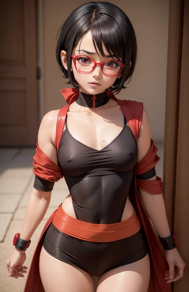 (Sarada s old sfwn), sexly, Decode ripped flat beautiful breasts, short black hair , eyes black, and with red glasses , peach skin , is 8 year,wears a shinobi outfit , It's in the Shinobi Academy cafeteria.,(work of art, high resolution),frightened facial expression ,weep,body soaking wet,hair wet,Dog Collar, slave , capturing the dark allure of forbidden desires,trapped by twisted tendrils, Pliers are on a chain, underdog, dark prison, the area near the body is wet,scared expression , Extreme decode, flat chest pointed pink nipples, big-ass, flat belly, sobbing,whole body