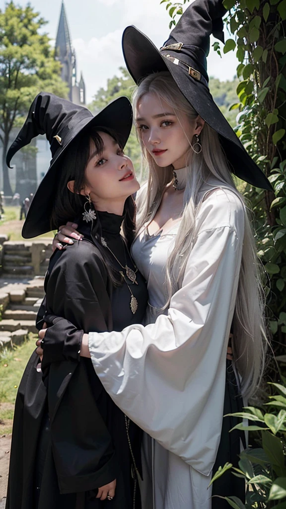 (2 girls),((yuri))),((Eye contact))),(Look at each other),((medieval world)), (((The witch's old black hat))), (Slim witch in white), (Slim black witch), Gentle eyes, (She has a naughty smile on her face:1.4), Friendly and girly face, Glass earrings on the ears, Purgatory Altar, Ancient ruins overgrown with plants, great demon temple, great cathedral, Devil's Hall, temple ruins, detached temple, Magic Array, Ancient Castle Site, abandoned ruins, crumbling ruins, Monumental sites,The water is clear, wavelets, The runs water,MILF,mature,,Perfect mature female figure, slim toned body,Original, mediuml breasts,High detail 8K wallpaper, perspired,Wet hair,(very delicate beautiful),Contour deepening, realistically, Precise geometry, Complicated details, Smiling, Close-up cleavage,Charming and sexy legs,((Sexual suggestiveness)),,(Fechin Oil Painting - Fechin Oil Painting , oil painted), 02