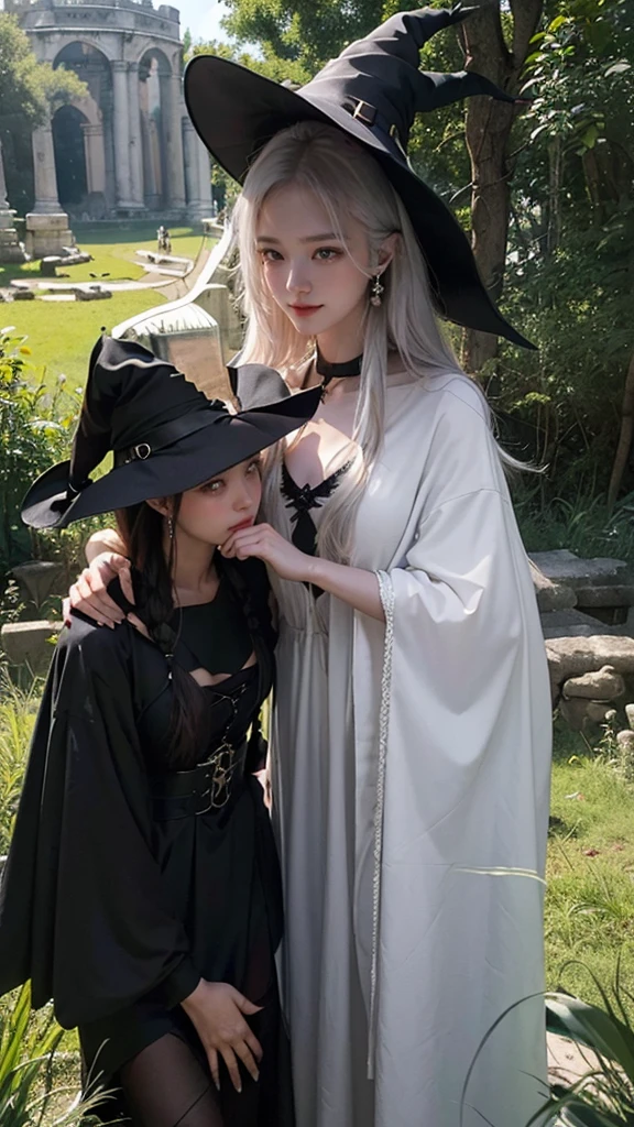 (2  girls),((yuri))),((Eye contact))),(Look at each other),((medieval world)), (((The witch's old black hat))), (Slim witch in white), (Slim black witch), Gentle eyes, (She has a naughty smile on her face:1.4), Friendly and girly face, Glass earrings on the ears, Purgatory Altar, Ancient ruins overgrown with plants, great demon temple, great cathedral, Devil&#39;s Hall, temple ruins, detached temple, Magic Array, Ancient Castle Site, abandoned ruins, crumbling ruins, Monumental sites，The water is clear, wavelets, The  runs water,MILF，mature，，Perfect mature female figure, slim toned body,Original, mediuml breasts,High detail 8K wallpaper, perspired,Wet hair,(very delicate beautiful),Contour deepening, realistically, Precise geometry, Complicated details, Smiling, Close-up cleavage,Charming and sexy legs，((Sexual suggestiveness)),,(Fechin Oil Painting - Fechin Oil Painting , oil painted), 02