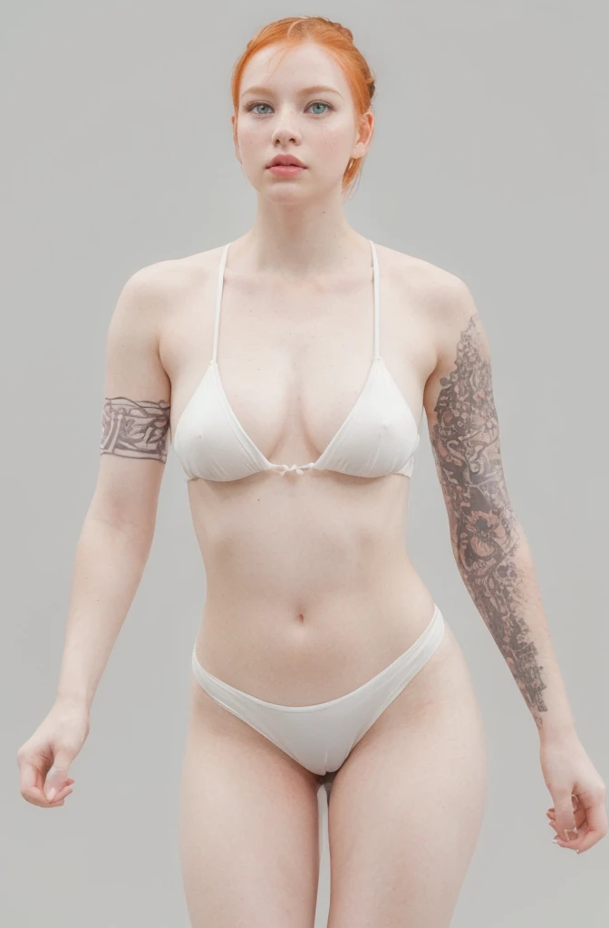 white redhead, woman named Lagertha, ((( very pale skin ))), ((( very light green eyes ))), ((( orange short hair arranged in a bun with bangs ))), lovely and beautiful serious face, freckles, wonderful and perfect realistic naked body, perfect naked small breasts, perfect pointy nipples, realistic naked vagina, realistic labia, perfect bright red lips with bright red lipstick, white background, ((( direct bright lighting in her entire body ))), ((( extremely blushed cheeks ))), ((( bright green iris ))), ((( extreme thin lips ))), (((small lips )))