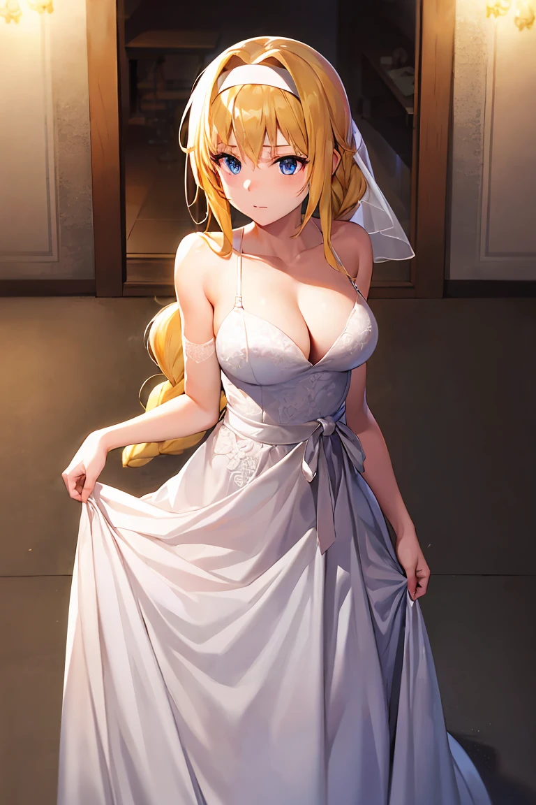 masutepiece, Best Quality, High resolution, Ultra High Resolution, depth of fields,1girl in, alice zuberg, bangs, blue eyes, blonde hair, hair between eyes, very long hair, braid, hairband, white hairband, (wedding dress), cleavage, chies