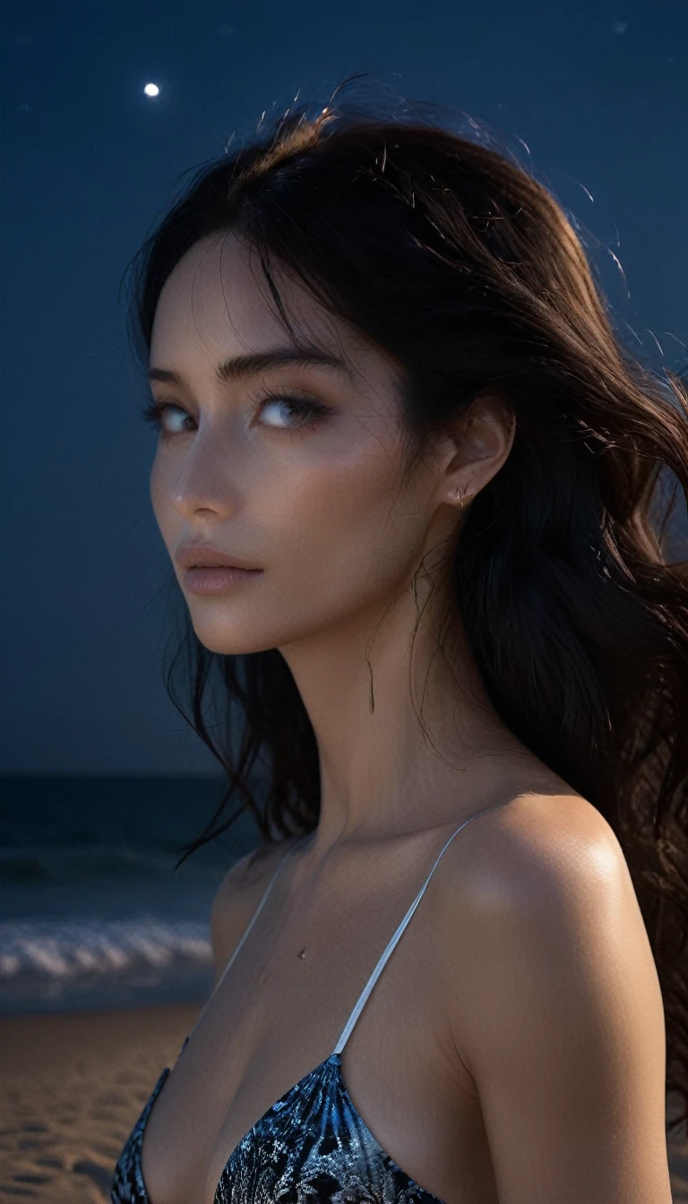 8K, masterpiece, RAW Photos, Highest quality, Realistic, Very detailed, Depth of written boundary, Cinematic Light, Anatomically correct body,
An elegant and beautiful mature woman,
Wavy black long hair, Very beautiful face, Exquisitely detailed face, Goddess-like deity々Beautiful, Glamorous Body, Very sensitive skin, Transparent white skin, Beautiful and bountiful breasts, Sexy ass, Sexy thighs,
White bikini swimsuit, Detailed cloth texture, Gorgeous necklace, Gorgeous earrings,
Starry sky background, Dark sandy beach at night, Pitch black sea surface,
Beautiful back view,