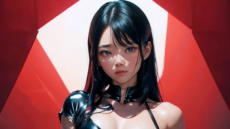 (best qualityer,4K,high resolution), 18 years old woman, Red Mesh Hair on Black Hair, Long and straight shiny hair, innocence，sharp eye、Eyes red、small-nose、eyeliner、 disheveled、Luxury black silk babydoll、 face、Place your index finger on your head、BNG、Comic appearance，comic strip，and souls，Illustrates??the deformed cute、Delicately expresses realistic skin texture、Reproduction of muscle texture、White and red contrasting background
