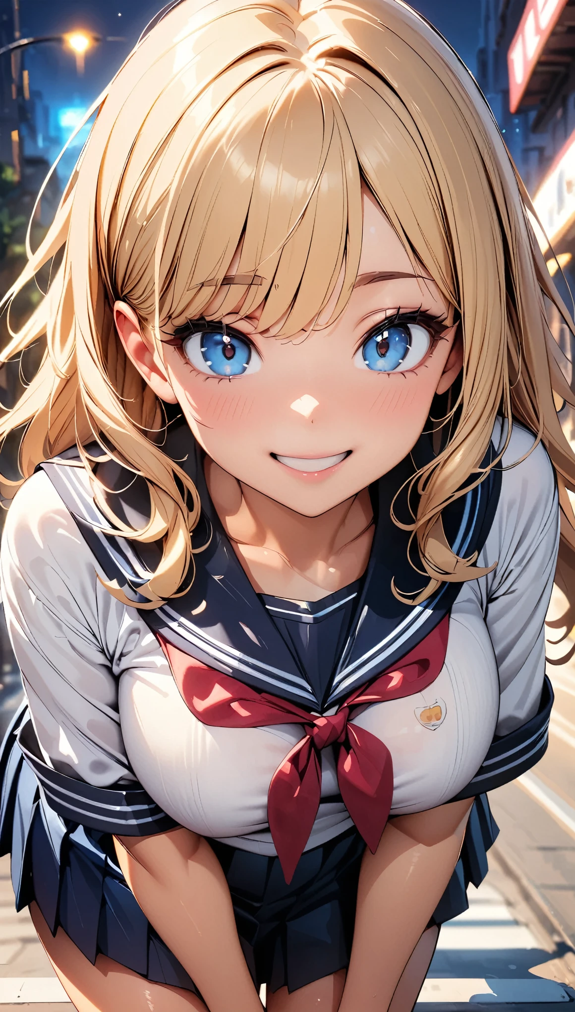 (Highest quality:1.24K, 8K, Very detailed, Latest, Vibrant, High detail, masterpiece:1.2, Highest quality, Best aesthetics), (((1 Girl))), JK, Sailor suit, Check skirt, Please open your mouth a little:1.2, smile, Dynamic Angle, Friendly atmosphere, Beautiful Hair, Shiny Hair, Beautiful Skin, Detailed face and eyes, Glossy Lips, Curvy Women, ((Crouch down, Looking down at the viewer)), Residential Street, City lights, Light and shadow with attention to detail, Background Blur.