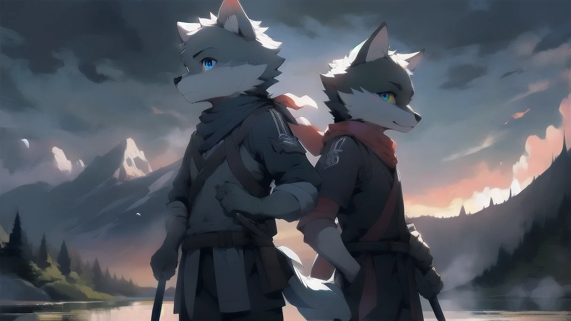 Wolf，juvenile，male，Gray-black fur，Sky blue eyes，Ancient combat uniform，scarf，Holding a long sword，Scabbard back，permanent，The only one,dawn，illumination，Break