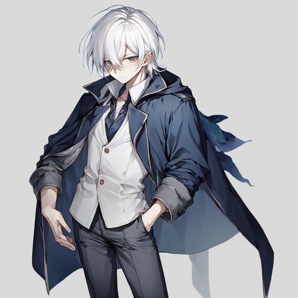 Male, anime, hero, dark blue coat, white hair,standing pose, no background , high quality, dark grey pants, high quality face,