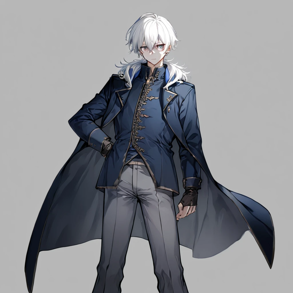 Male, anime, hero, dark blue coat, white hair,standing pose, no background , high quality, dark grey pants, high quality face,