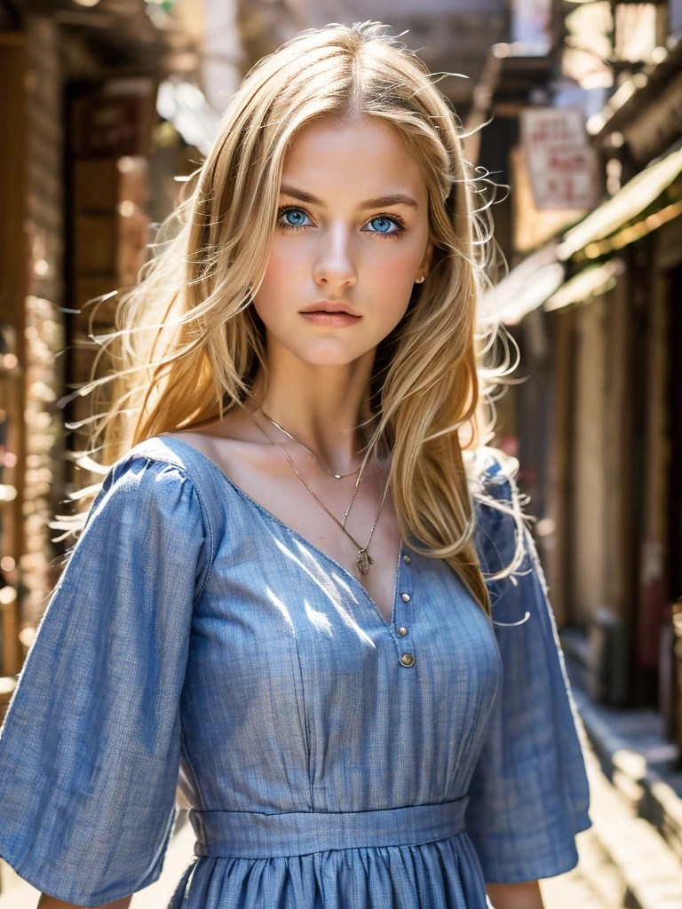 best quality, masterpiece, realistic photo, intricate details, raw photo, ultra detailed, old fashioned young woman, with peasant style dress, no necklines, blonde hair, perfect detailed and blue eyes, walking in an old city, HD quality, 8K, young woman, 