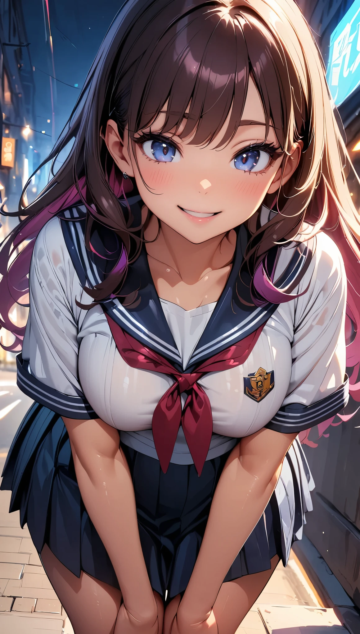 (Highest quality:1.2, 4K, 8K, Very detailed, Latest, Vibrant, High detail, masterpiece:1.2, Highest quality, Best aesthetics), (((1 Girl))), JK, Sailor suit, Check skirt, Please open your mouth a little:1.2, smile, Dynamic Angle, Friendly atmosphere, Beautiful Hair, Shiny Hair, Beautiful Skin, Detailed face and eyes, Glossy Lips, Curvy Women, ((Crouch down, Looking down at the viewer)), Residential Street, City lights, Light and shadow with attention to detail, Background Blur.