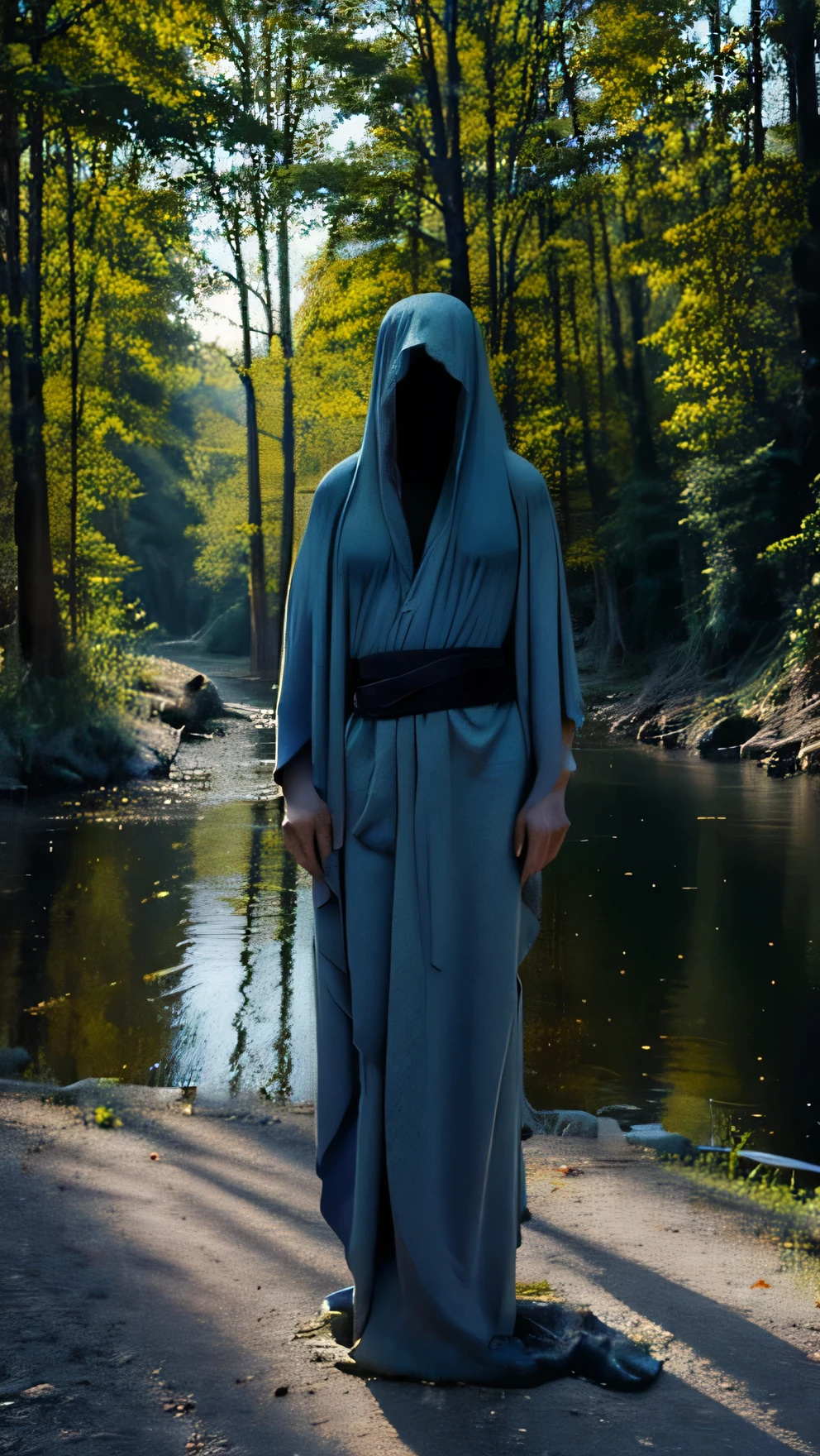 High quality, 8K, realistic, ghost, blue robe, near lake, forest