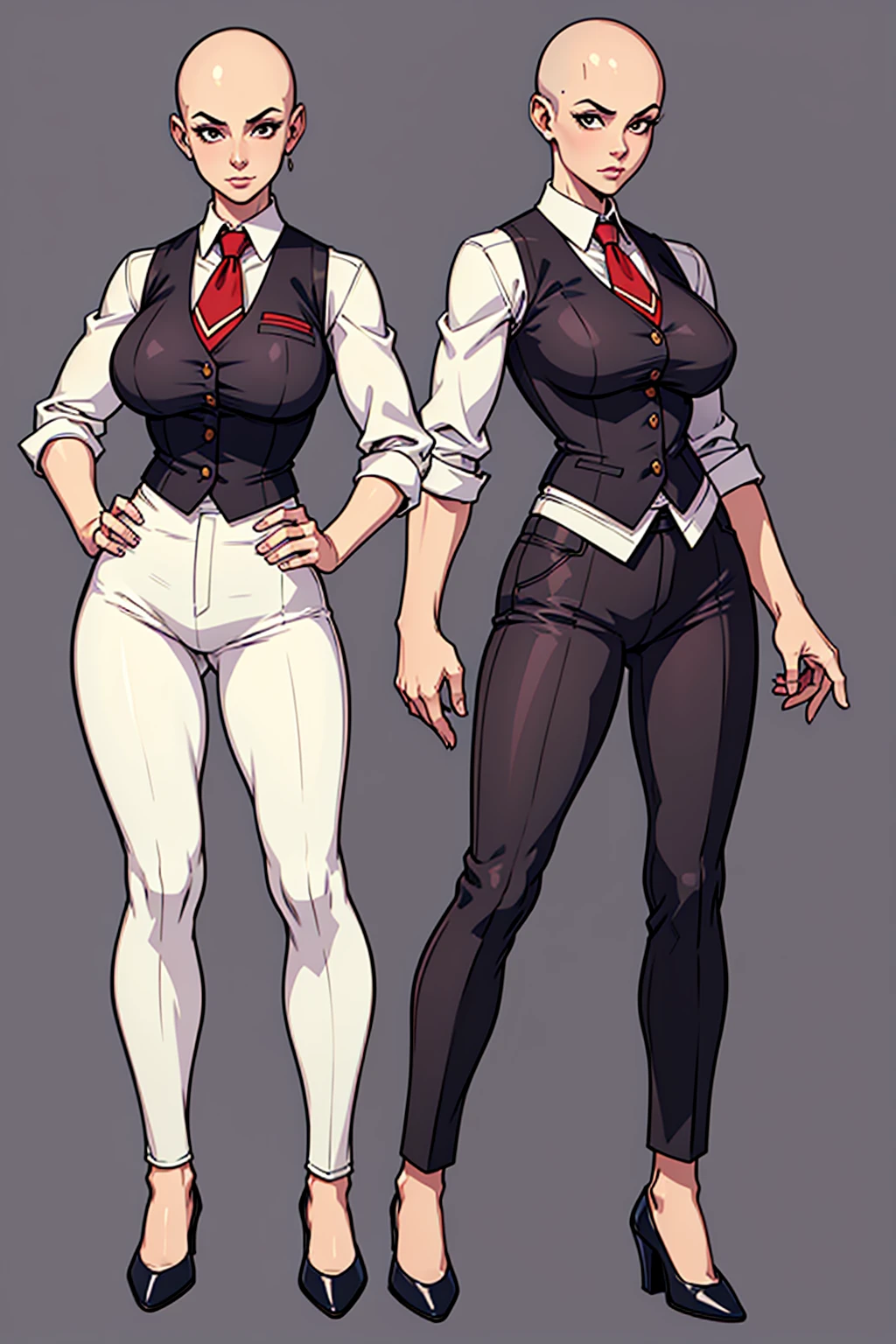 digital art, highly detailed, reference sheet, standing pose, feminine features, mature woman, adult female, whole body, bald, form-fitting, open neckline, vest, office shirt, pants, heeled shoes, 1woman, solo, upper body, lower body, ((Extremely Detailed)), ((Best Quality)), ((Masterpiece)), ((4k))
