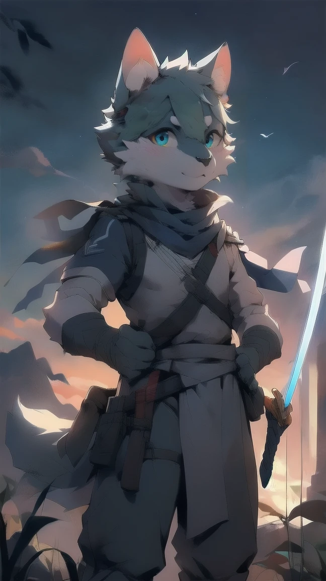 Wolf，juvenile，male，Gray-black fur，Sky blue eyes，Ancient combat uniform，scarf，Holding a long sword，Scabbard back，permanent，The only one,dawn，illumination，Break