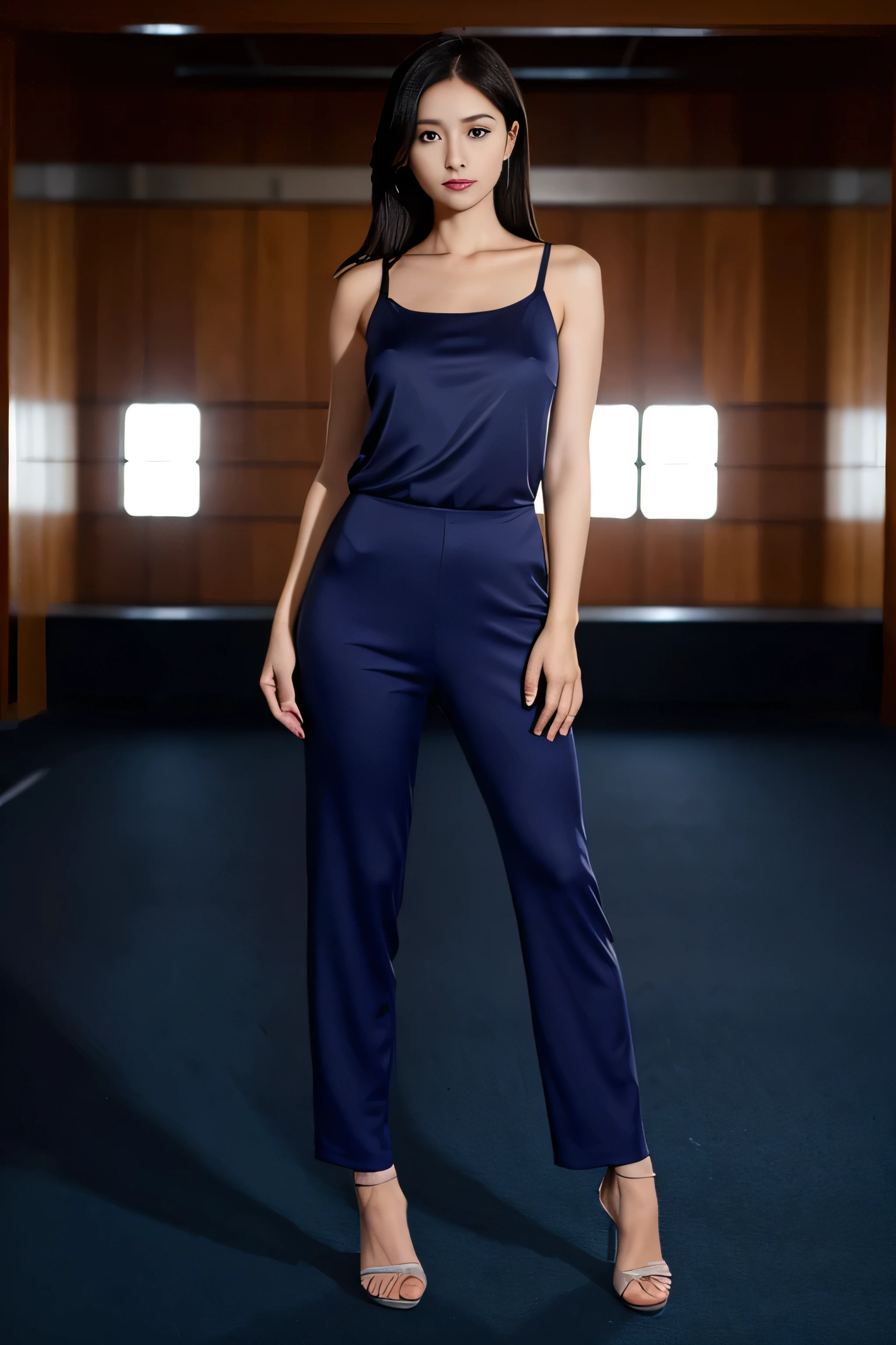 Woman's entire body from head to toe, beautiful woman, standing facing front, looking straight at us.