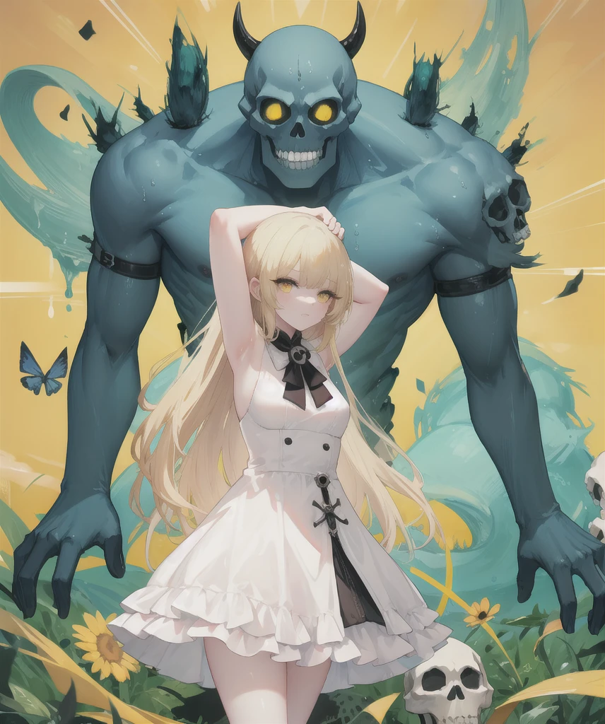 yellow theme ,1girl, solo, blonde hair, dress, arms up, size difference, monster, skull, 