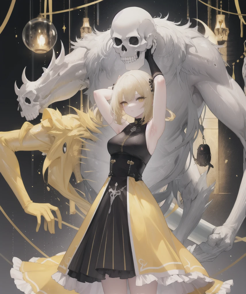 yellow theme ,1girl, solo, blonde hair, dress, arms up, size difference, monster, skull, 