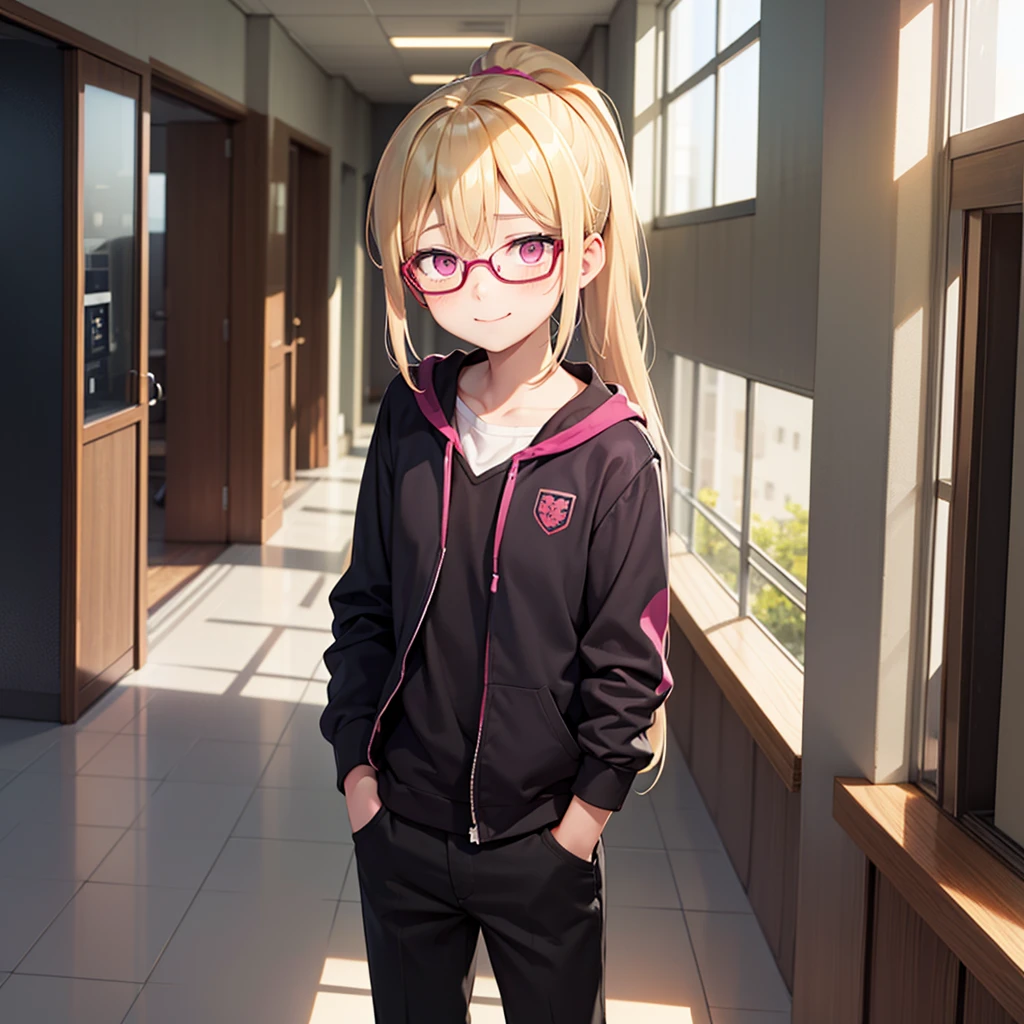 1boy, only one boy, one boy only, smile, blonde hair, pink eyes, looking at the viewer, wearing glasses, , feminine face, alone in school building, stand straight, sad expression, long hair, ponytail hairstyle
