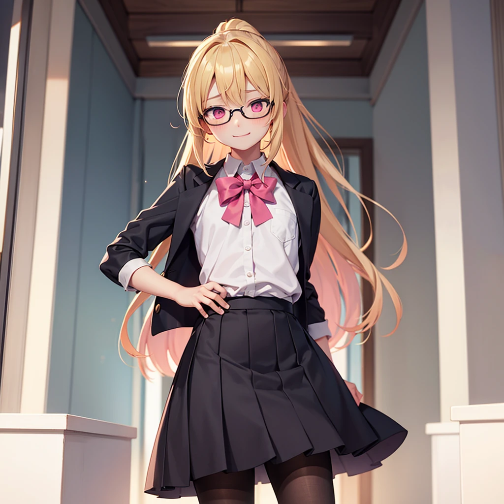 1boy, only one boy, one boy only, smile, blonde hair, pink eyes, looking at the viewer, wearing glasses, , feminine face, alone in school building, stand straight, sad expression, long hair, ponytail hairstyle