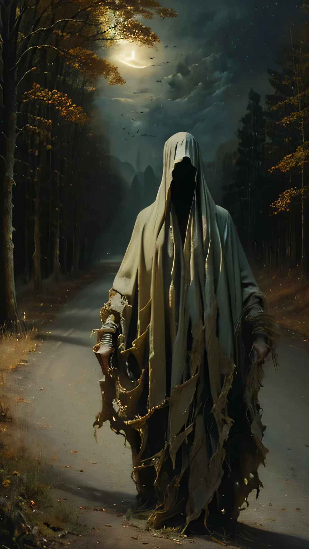 masterpiece, Highest quality, Ultra-high resolution, beautiful, Visually stunning, elegant, Amazing details, Award-winning art, G0S1, Black Ghost, Food, Torn Cloak, Faceless, Torn cloth, No humans, floating, Horror \(theme\), scenery, landscape, Outdoor,Midnight、Dim outside