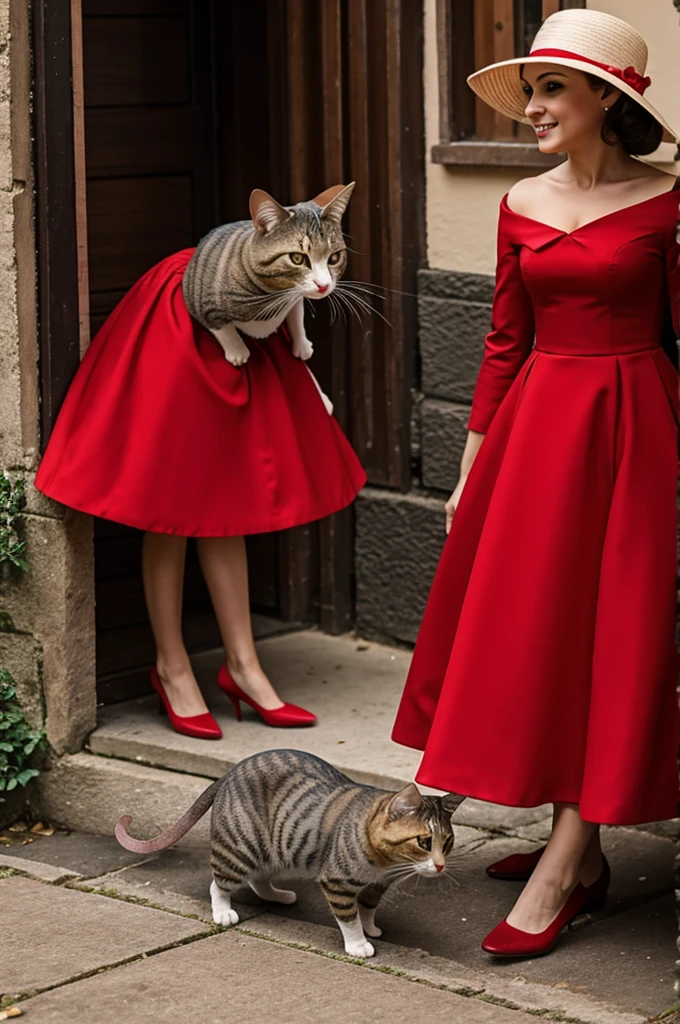 Mouse in red dress escaping from a cat