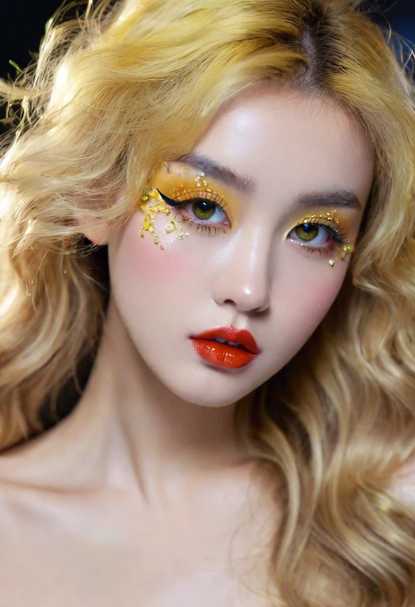 High detail, 8k resolution, ultra-high resolution, best quality, beautiful girl, lipstick, peerless beauty, long curly yellow hair, a little messy, rich and beautiful makeup, exquisite and perfect facial features, big gemstone eyes, (exquisite eyelashes) blushing, long hair, close to the viewer, dynamic angle, extreme quality, highest precision, precise and perfect human structure, real