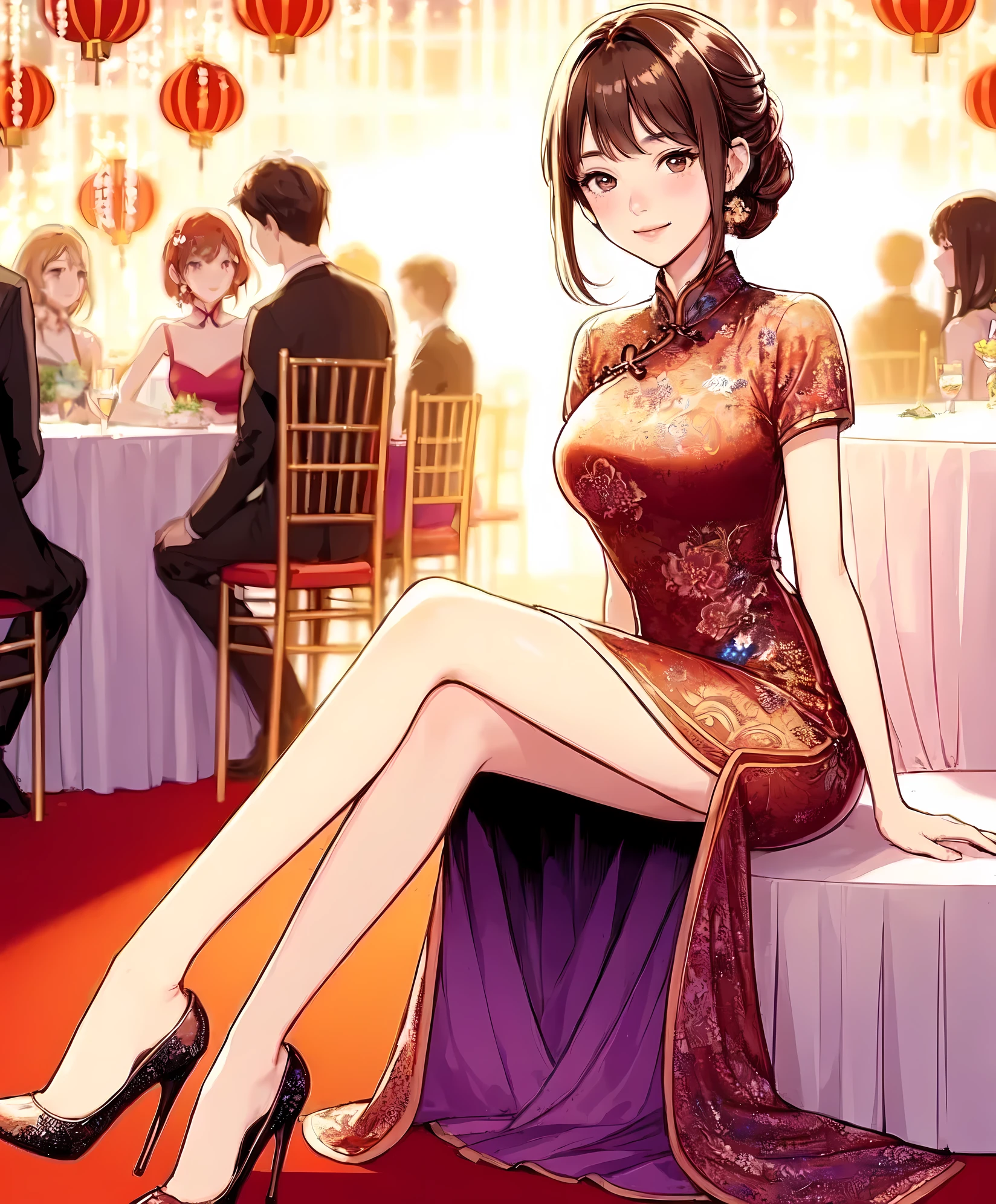 1lady solo, sitting, (elegant cheongsam) stylish floral, long hem, (mature female:0.8), /(dark reddish-brown hair/) bangs, blush kind smile, (masterpiece best quality:1.2) delicate illustration ultra-detailed, large breasts BREAK (luxury venue) indoors, detailed background