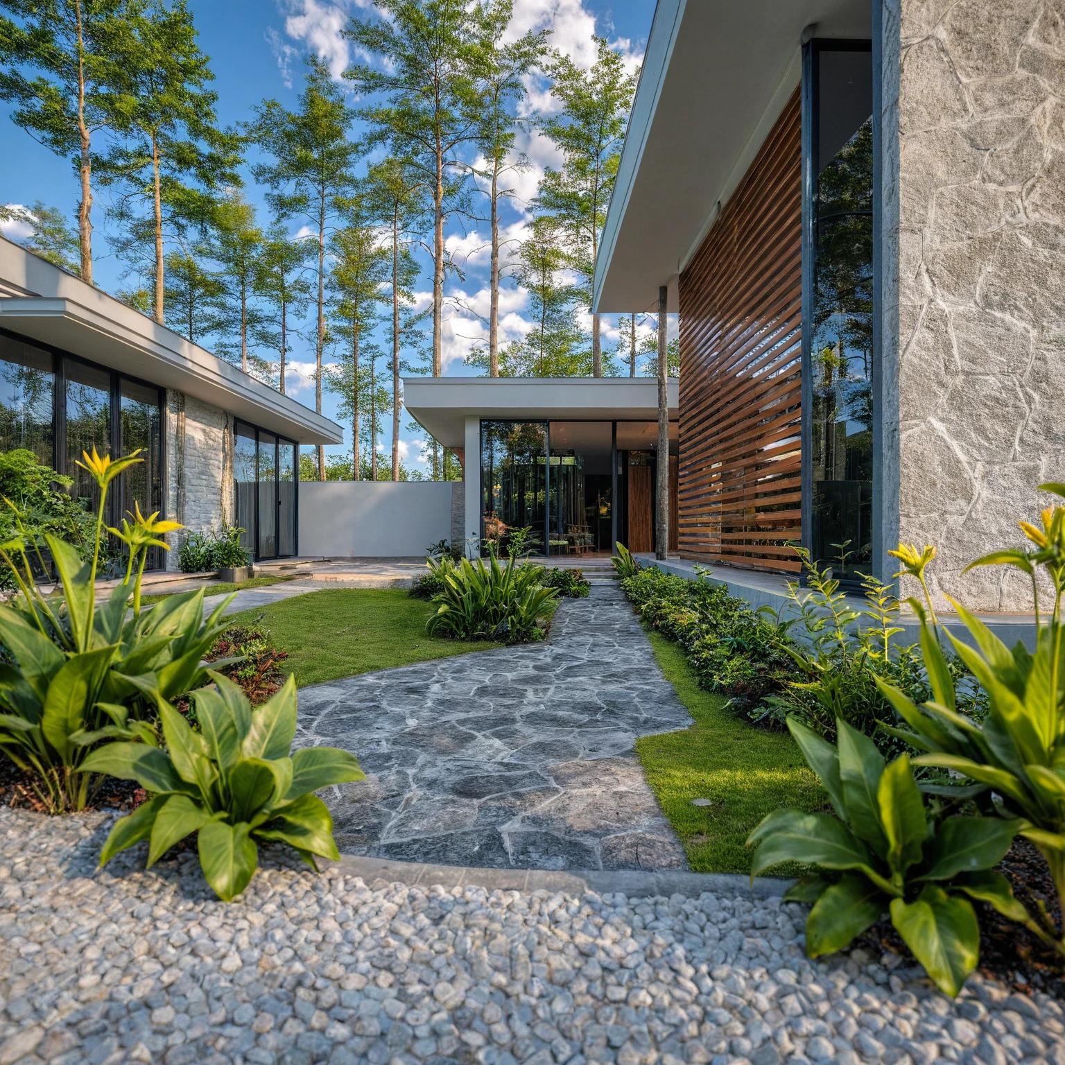 Masterpiece, high quality, best quality, authentic, super detail, outdoors, onestoreyvillaXL, aiaigroup, house style modern on the street ,stairs, white wall ,road,pavement, grass, trees, sky, cloud, (daylight:1.1)