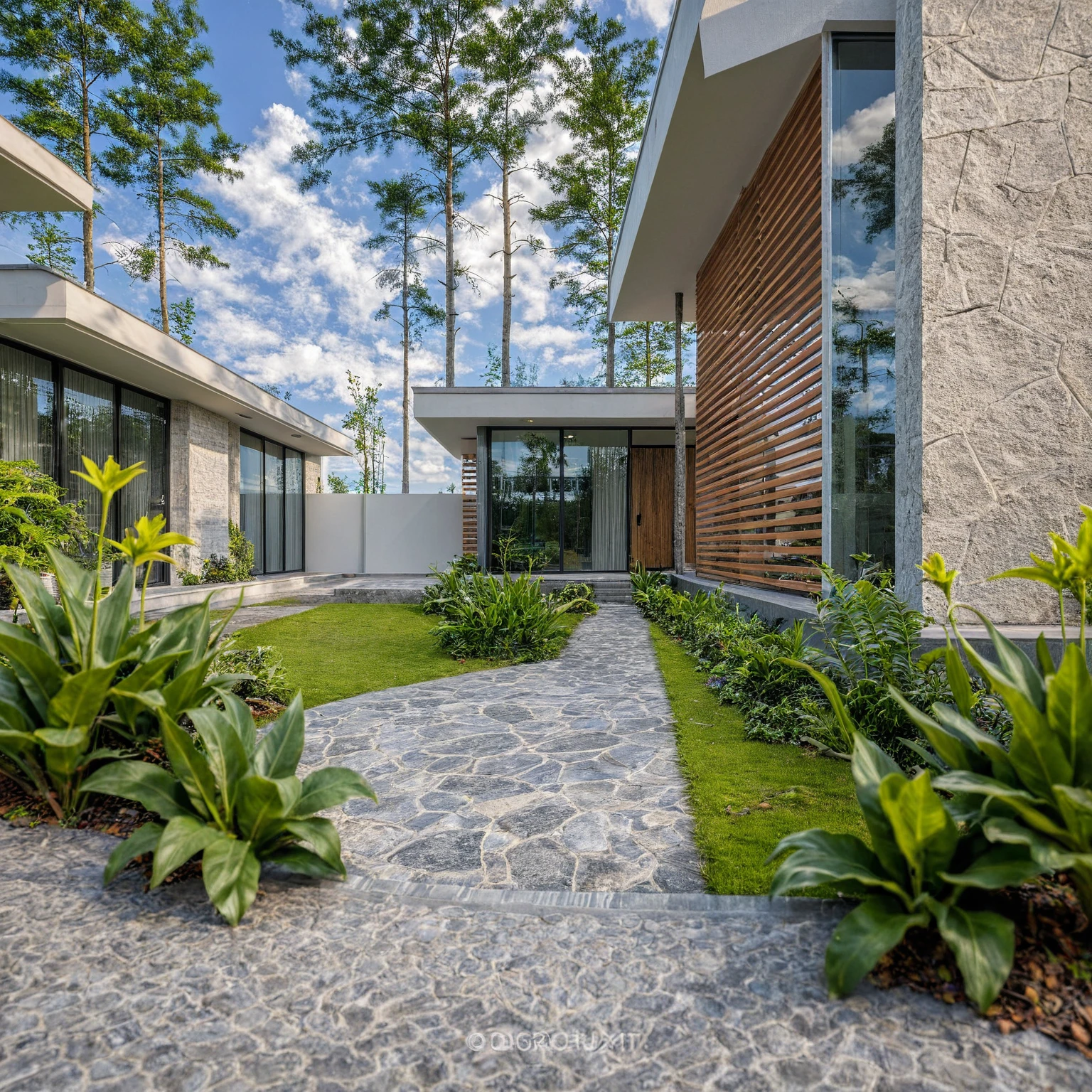 Masterpiece, high quality, best quality, authentic, super detail, outdoors, onestoreyvillaXL, aiaigroup, house style modern on the street ,stairs, white wall ,road,pavement, grass, trees, sky, cloud, (daylight:1.1)