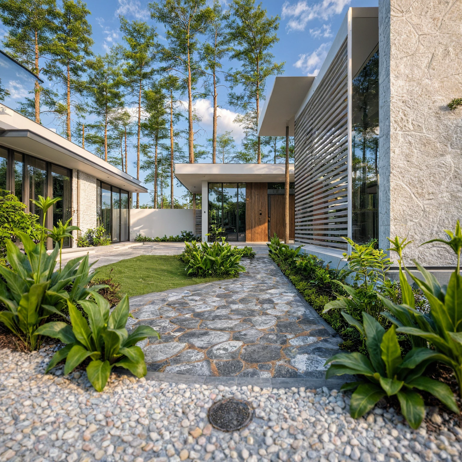 Masterpiece, high quality, best quality, authentic, super detail, outdoors, onestoreyvillaXL, aiaigroup, house style modern on the street ,stairs, white wall ,road,pavement, grass, trees, sky, cloud, (daylight:1.1)