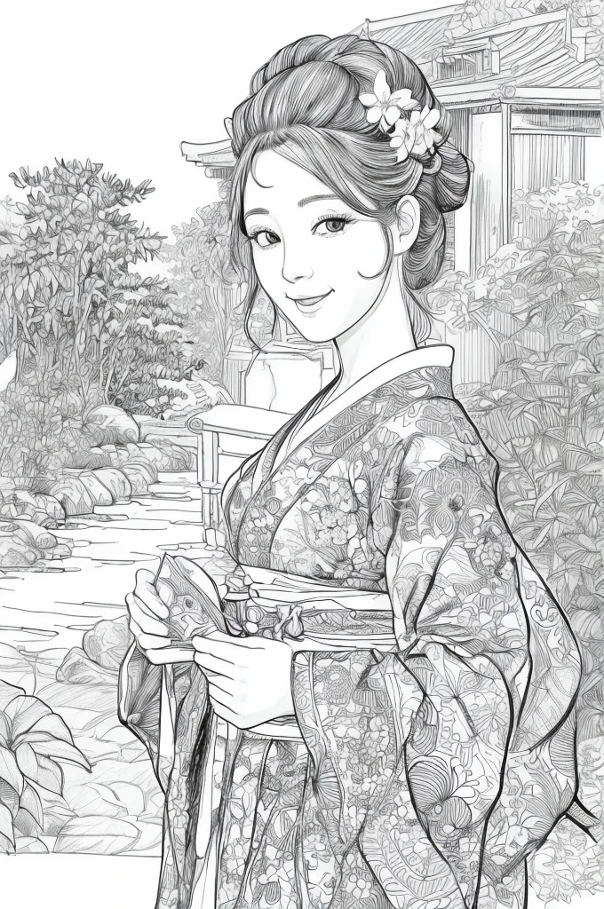 Please create a realistic ukiyo-e illustration of a cute, smiling woman in a kimono that conveys Japanese culture in various poses with (a Japanese garden in the background:1.5), using a simple black and white coloring book that even children can do. The illustration is a illustration with detailed facial features and cartoon-style visuals, (high contrast, sketch, monochrome, clean line drawings for coloring book:1.5)