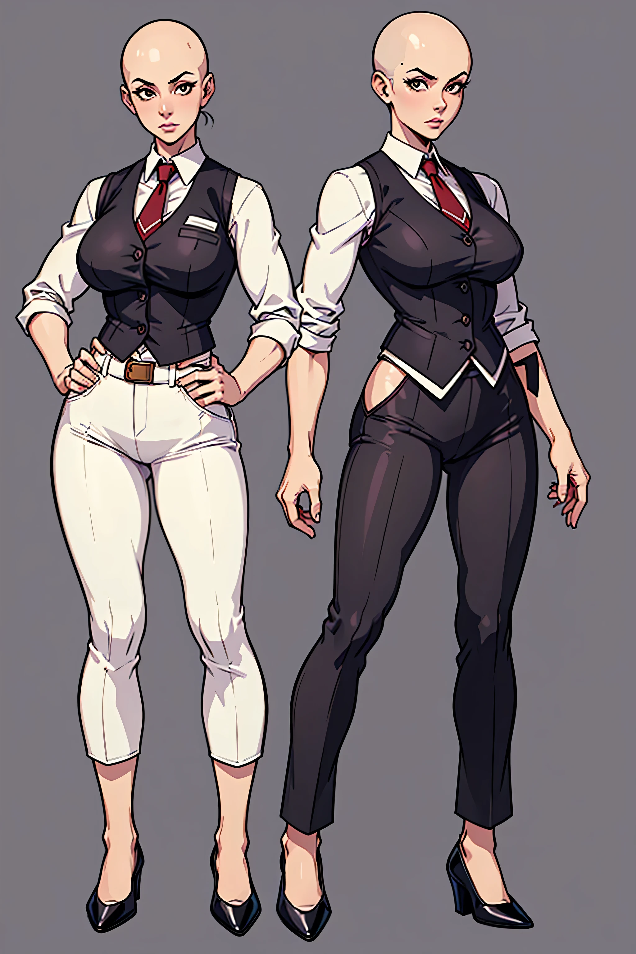 digital art, highly detailed, reference sheet, standing pose, feminine features, mature woman, adult female, whole body, bald, form-fitting, open neckline, vest, office shirt, pants, heeled shoes, 1woman, solo, upper body, lower body, ((Extremely Detailed)), ((Best Quality)), ((Masterpiece)), ((4k))
