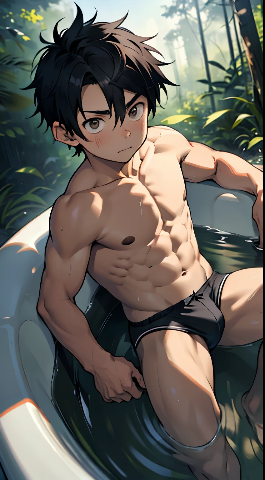 (masutepiece, Best Quality),The whole body of the boy,(younge boy),ager face,posterior view,Body tilt,delicate big eyes,Open your eyes,,smooth and delicate skin,Short square face,Surprised expression,infancy,young age,short round face,Flat chin,finely detaild face,well-muscled,short bright black hair,with an intricate,nakeness,(backbone:1.2),the night,vivd colour,(depth of fields:1.2),Boy in the bath,Raised sexy,Open-air bath in the forest, wearing satin sexy underwear