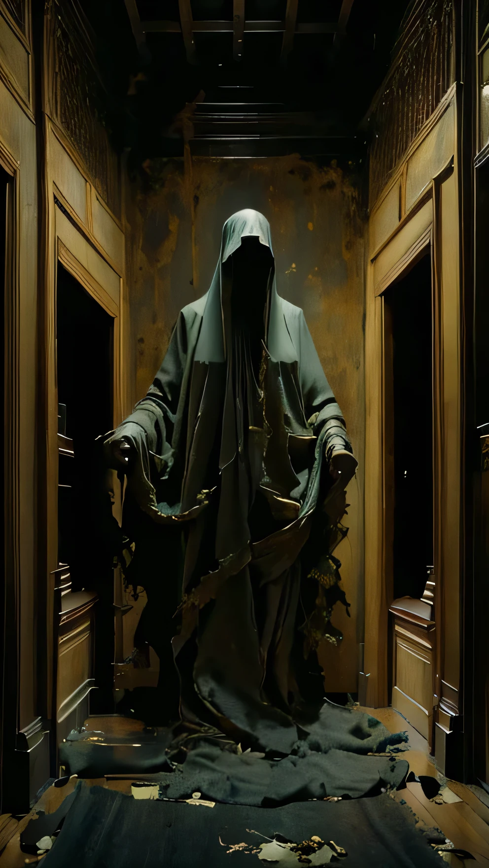 masterpiece, Highest quality, Ultra-high resolution, beautiful, Visually stunning, elegant, Amazing details, Award-winning art, G0S1, Ghost, Food, Torn Cloak, Faceless, Torn cloth, No humans, floating, Horror \(theme\), scenery, landscape,Inside the house、Coming down the stairs、despair