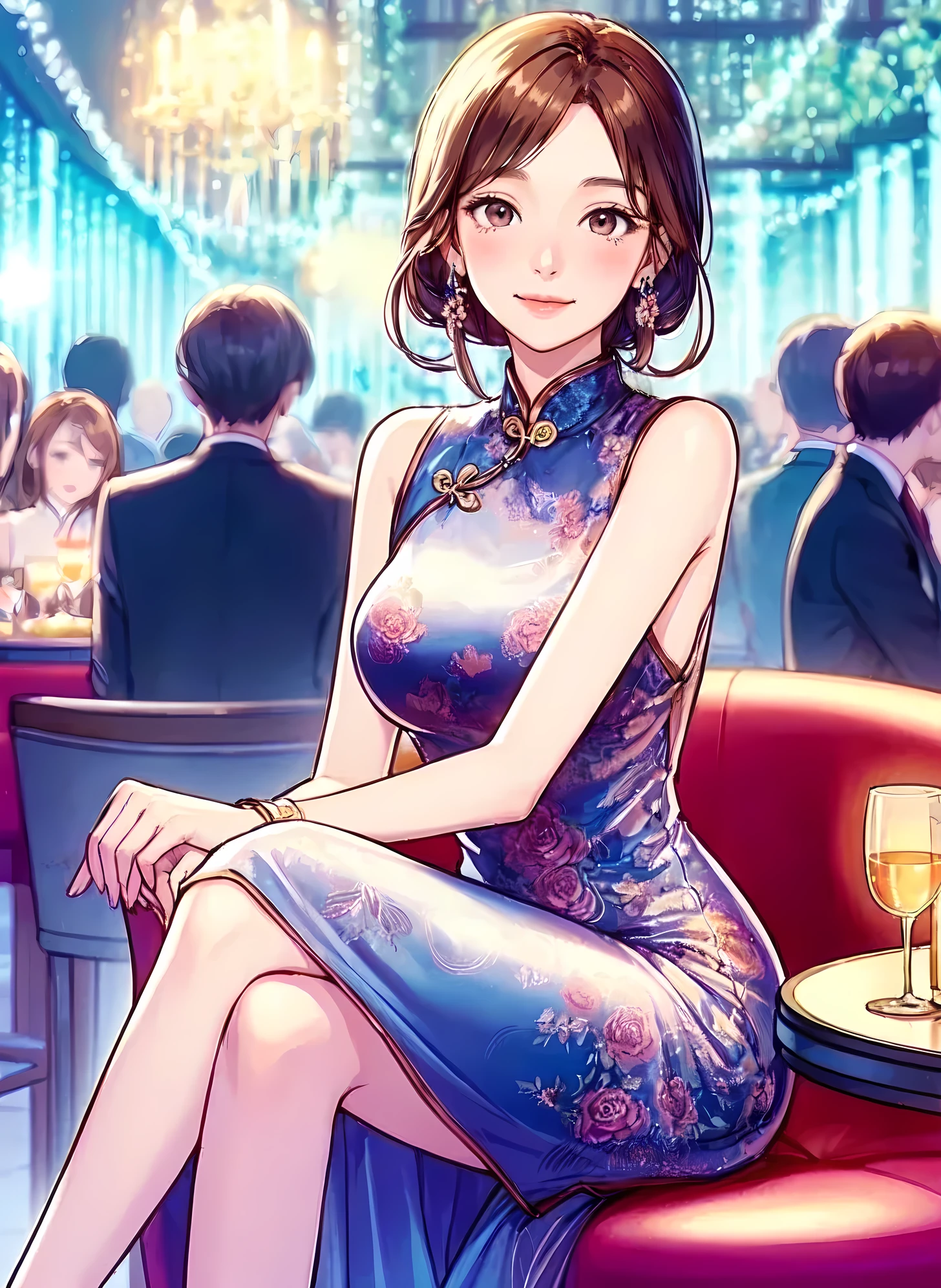1lady solo, sitting, (elegant cheongsam) stylish floral, long hem, (mature female:0.8), /(reddish-brown hair/) bangs, blush kind smile, (masterpiece best quality:1.2) delicate illustration ultra-detailed, large breasts BREAK (luxury venue) indoors, detailed background